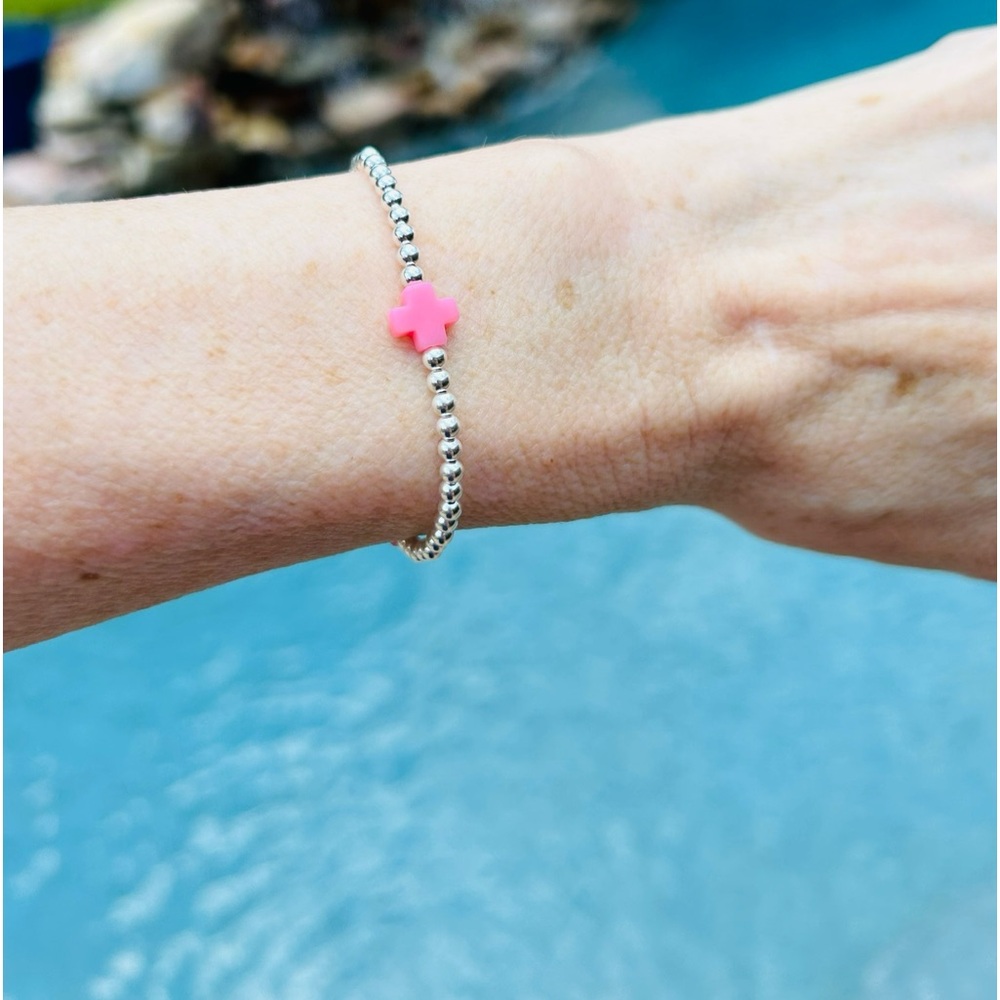 Cross Bracelet Sterling silver beads stretch, no tarnish, real .925 handmade